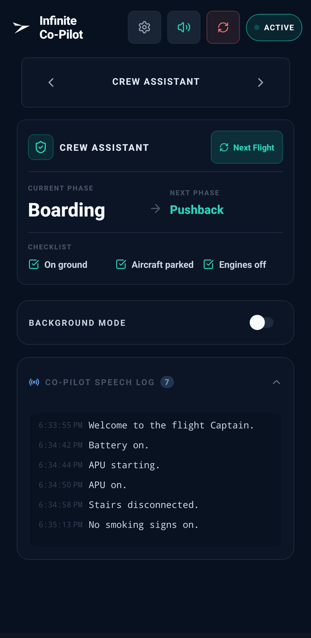 Infinite Co-Pilot Crew Assistant screen showing boarding phase, background mode, and speech log